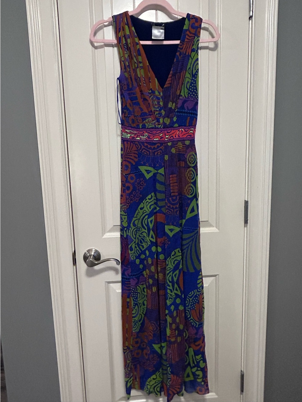 FUZZI Tuta Mesh Jumpsuit XS Blue Green Orange Abstract Print Wide Leg